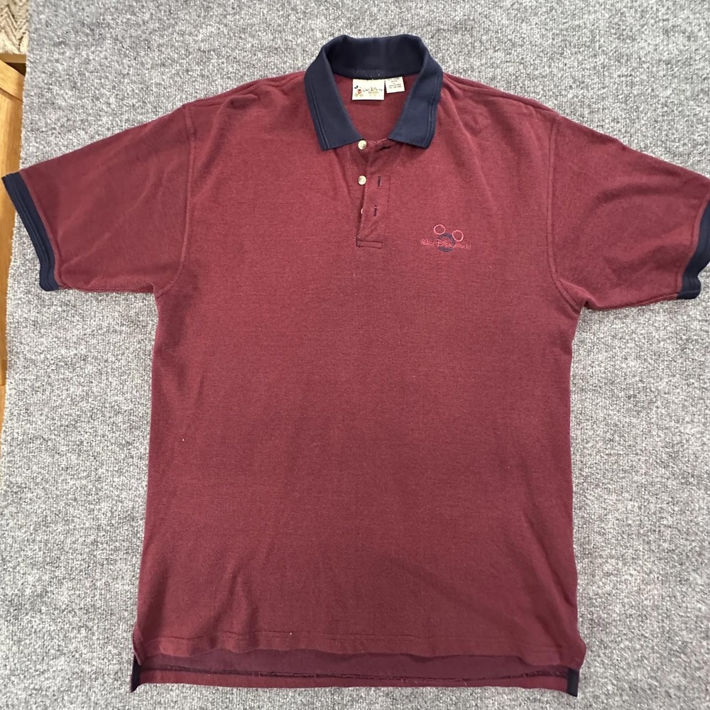 Walt Disney World Mens Burgundy Pique Polo Shirt Mickey Mouse Navy Trim L 336